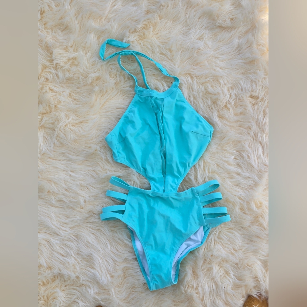 Turquoise Strappy Bikini One Piece Size Small Halter Swimsuit